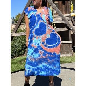 Womens Handmade Tie Dyed Blue Heart Beach Boho Hippie Flower Design Fit SML
